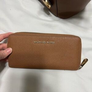 Michael Kors Brown Saffiano Zip Wallet with Gold Logo